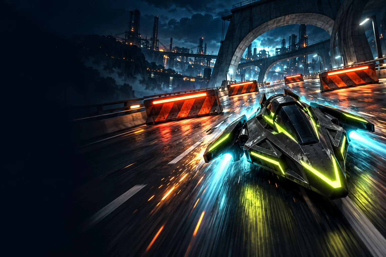 Hovercraft racing through night traffic